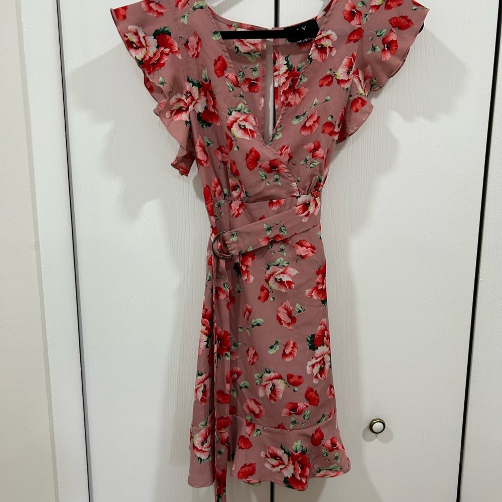 AX Paris Pink Floral Mini Dress With Belt - Size S